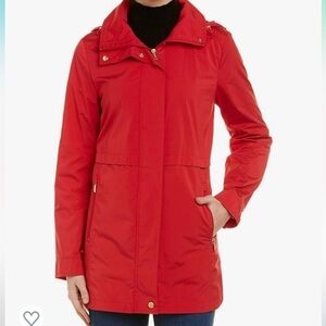 Cole Haan Women's Packable Mid Length Hooded Rain Jacket Red XS NWOT